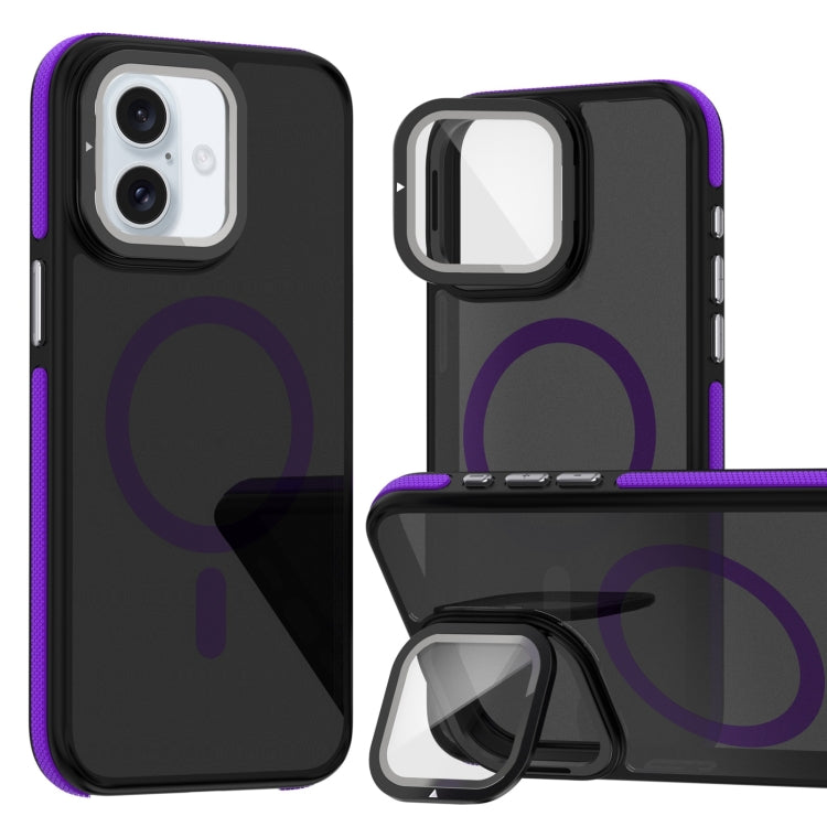 For iPhone 16 Plus Magsafe Dual-Color Skin Feel Lens Film Phone Case with Lens Fold Holder(Purple) - More iPhone Cases by PMC Jewellery | Online Shopping South Africa | PMC Jewellery | Buy Now Pay Later Mobicred