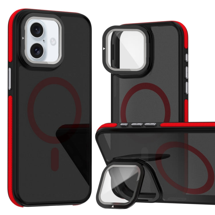 For iPhone 16 Plus Magsafe Dual-Color Skin Feel Lens Film Phone Case with Lens Fold Holder(Red) - More iPhone Cases by PMC Jewellery | Online Shopping South Africa | PMC Jewellery | Buy Now Pay Later Mobicred