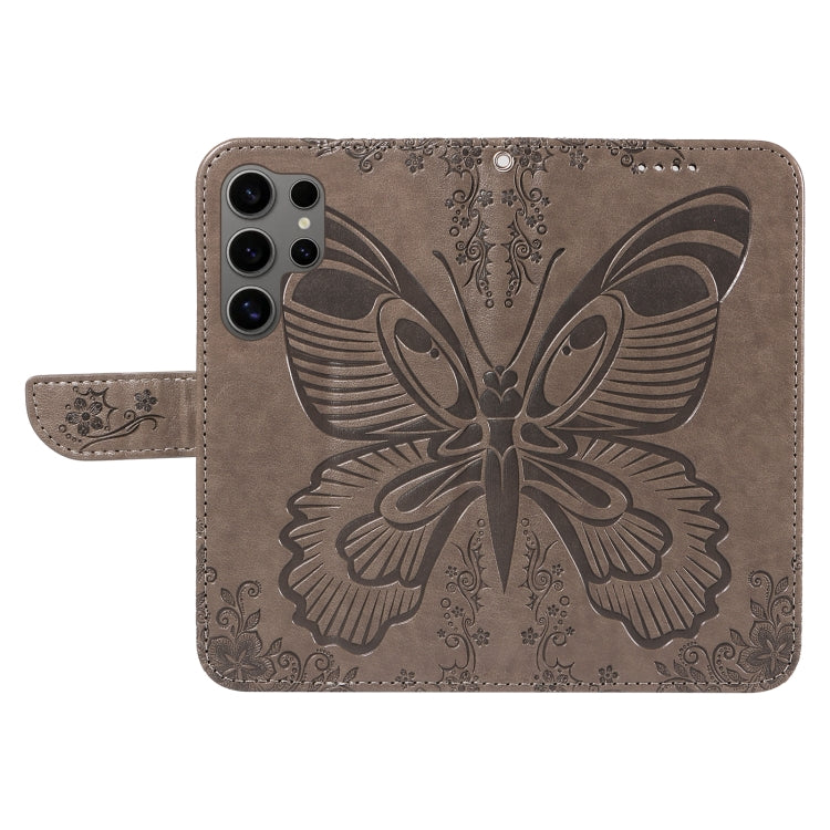 For Samsung Galaxy S25 Ultra 5G Swallowtail Butterfly Embossed Leather Phone Case(Grey) - Galaxy S25 Ultra 5G Cases by PMC Jewellery | Online Shopping South Africa | PMC Jewellery | Buy Now Pay Later Mobicred