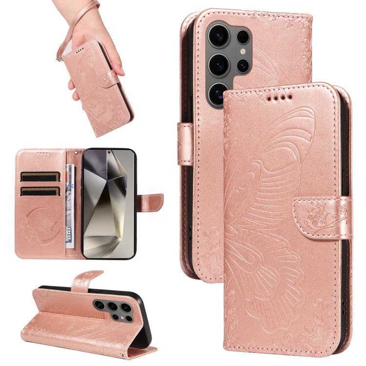 For Samsung Galaxy S25 Ultra 5G Swallowtail Butterfly Embossed Leather Phone Case(Rose Gold) - Galaxy S25 Ultra 5G Cases by PMC Jewellery | Online Shopping South Africa | PMC Jewellery | Buy Now Pay Later Mobicred