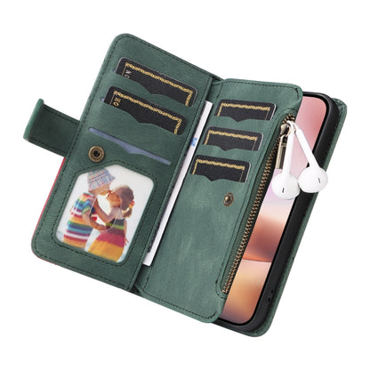 For iPhone 16 Plus Dual-color 9 Card Slots Zipper Wallet Leather Phone Case(Green) - iPhone 16 Plus Cases by PMC Jewellery | Online Shopping South Africa | PMC Jewellery | Buy Now Pay Later Mobicred