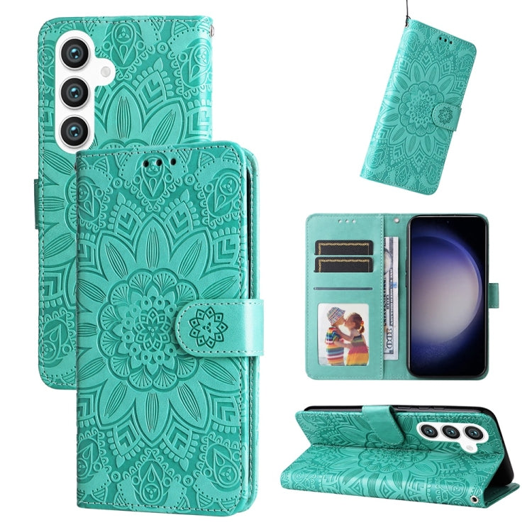 For Samsung Galaxy S25 5G Embossed Sunflower Leather Phone Case(Green) - Galaxy S25 5G Cases by PMC Jewellery | Online Shopping South Africa | PMC Jewellery | Buy Now Pay Later Mobicred