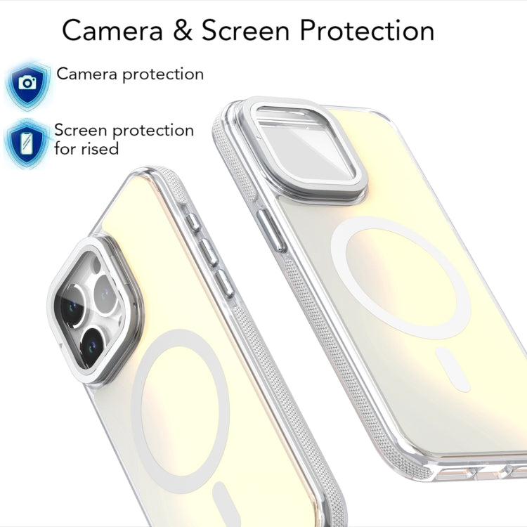 For iPhone 16 Plus MagSafe Gradient Color Lens Film Phone Case with Lens Fold Holder(White) - iPhone 16 Plus Cases by PMC Jewellery | Online Shopping South Africa | PMC Jewellery | Buy Now Pay Later Mobicred