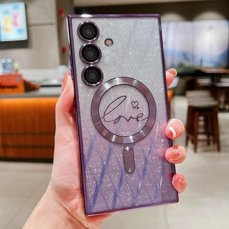 For Samsung Galaxy S25 5G Dual-Love Leaves Gradient Glitter MagSafe TPU Phone Case(Purple) - Galaxy S25 5G Cases by PMC TechLife | Online Shopping South Africa | PMC TechLife | Buy Now Pay Later Mobicred