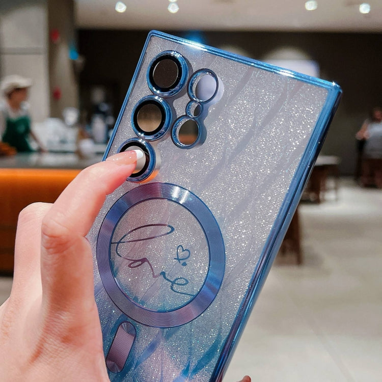 For Samsung Galaxy S25 Ultra 5G Dual-Love Leaves Gradient Glitter MagSafe TPU Phone Case(Blue) - Galaxy S25 Ultra 5G Cases by PMC TechLife | Online Shopping South Africa | PMC TechLife | Buy Now Pay Later Mobicred