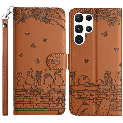 For Samsung Galaxy S25 Ultra 5G Cat Embossing Pattern Leather Phone Case with Lanyard(Brown) - Galaxy S25 Ultra 5G Cases by PMC Jewellery | Online Shopping South Africa | PMC Jewellery | Buy Now Pay Later Mobicred