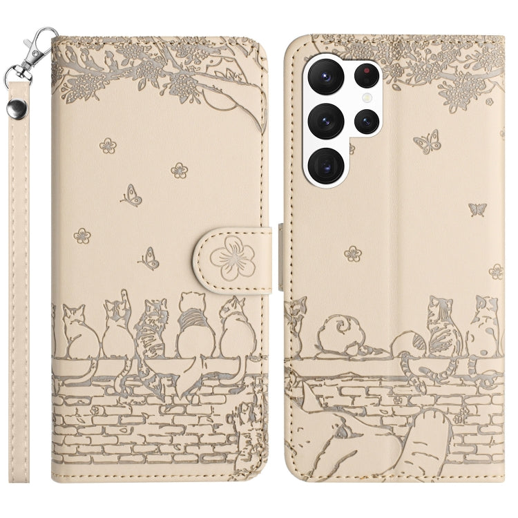 For Samsung Galaxy S25 Ultra 5G Cat Embossing Pattern Leather Phone Case with Lanyard(Beige) - Galaxy S25 Ultra 5G Cases by PMC Jewellery | Online Shopping South Africa | PMC Jewellery | Buy Now Pay Later Mobicred