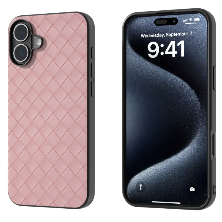 For iPhone 16 Black Frame Woven Texture PU Phone Case(Pink) - iPhone 16 Cases by PMC Jewellery | Online Shopping South Africa | PMC Jewellery | Buy Now Pay Later Mobicred