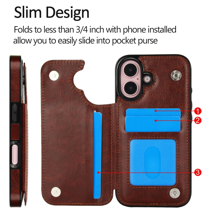 For iPhone 16 Plus Double Buckle Crazy Horse Texture PU Phone Case(Brown) - iPhone 16 Plus Cases by PMC Jewellery | Online Shopping South Africa | PMC Jewellery | Buy Now Pay Later Mobicred