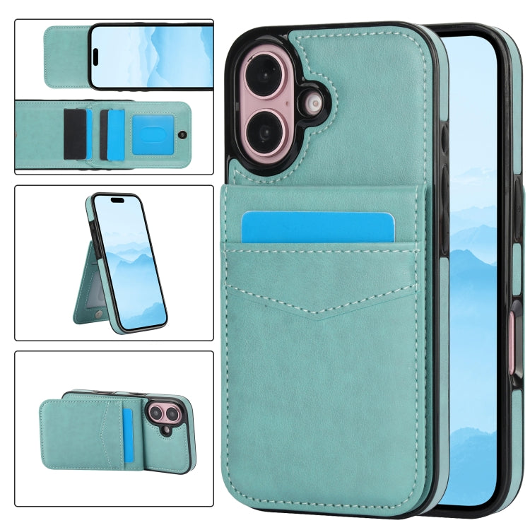 For iPhone 16 Solid Color Card Slots Bracket PU Phone Case(Mint Green) - iPhone 16 Cases by PMC Jewellery | Online Shopping South Africa | PMC Jewellery | Buy Now Pay Later Mobicred