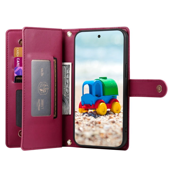 For Google Pixel 9 / 9 Pro Nine Card-slot Zipper Wallet Bag Leather Phone Case(Red) - Google Cases by PMC Jewellery | Online Shopping South Africa | PMC Jewellery | Buy Now Pay Later Mobicred