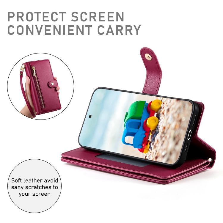 For Google Pixel 9 / 9 Pro Nine Card-slot Zipper Wallet Bag Leather Phone Case(Red) - Google Cases by PMC Jewellery | Online Shopping South Africa | PMC Jewellery | Buy Now Pay Later Mobicred