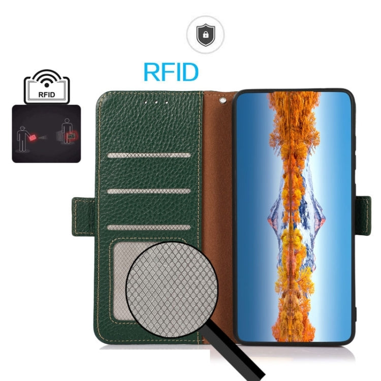 For Samsung Galaxy S25 Ultra 5G KHAZNEH Side-Magnetic Litchi Genuine Leather RFID Phone Case(Green) - Galaxy S25 Ultra 5G Cases by PMC Jewellery | Online Shopping South Africa | PMC Jewellery | Buy Now Pay Later Mobicred