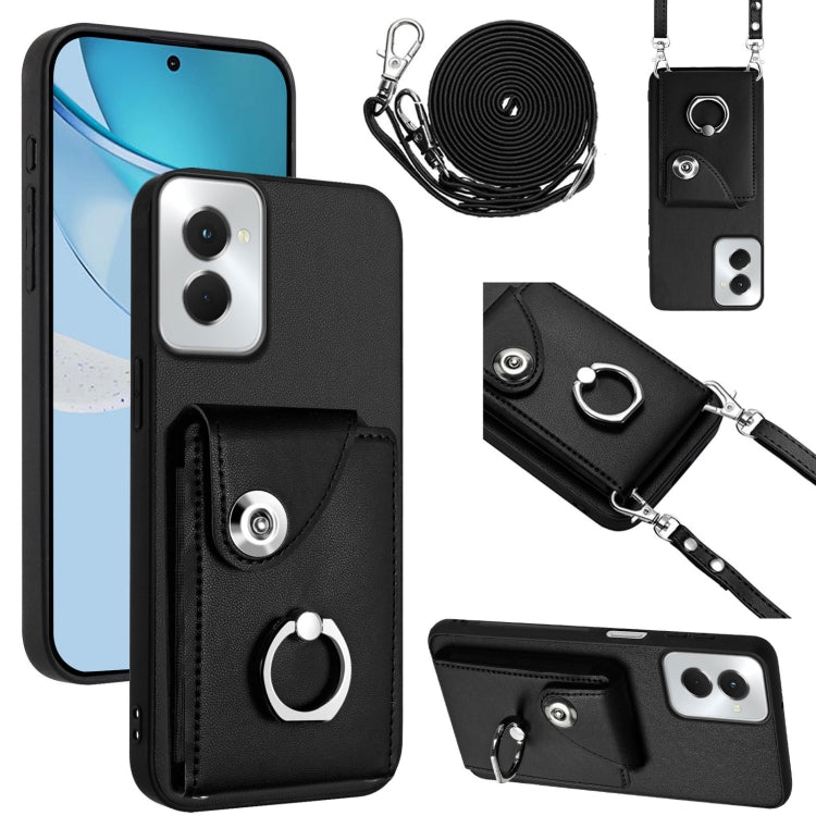 For Motorola Moto G Power 2024 5G Organ Card Bag Ring Holder Phone Case with Long Lanyard(Black) - Motorola Cases by PMC Jewellery | Online Shopping South Africa | PMC Jewellery | Buy Now Pay Later Mobicred