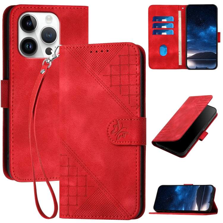 For iPhone 16 Pro YX0080 Grid Butterfly Embossed Pattern Flip Leather Phone Case with Lanyard(Red) - iPhone 16 Pro Cases by PMC Jewellery | Online Shopping South Africa | PMC Jewellery | Buy Now Pay Later Mobicred