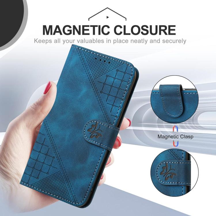 For iPhone 17 Pro YX0080 Grid Butterfly Embossed Pattern Flip Leather Phone Case with Lanyard(Dark Blue) - free shipping - PMc TechLife - Order now!