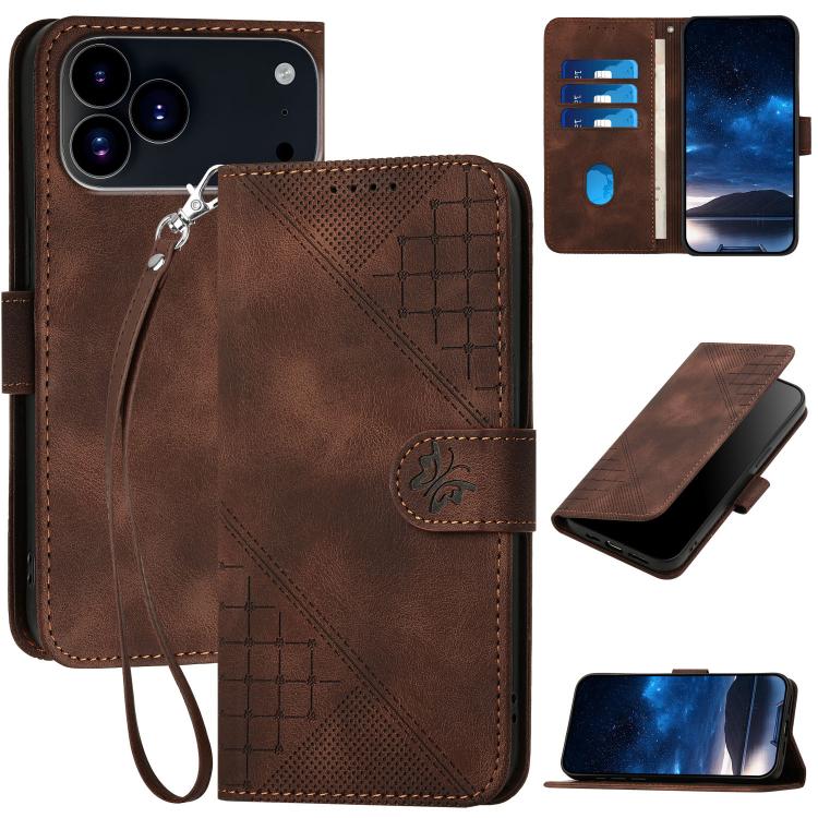 For iPhone 17 Pro YX0080 Grid Butterfly Embossed Pattern Flip Leather Phone Case with Lanyard(Coffee) - free shipping - PMc TechLife - Order now!