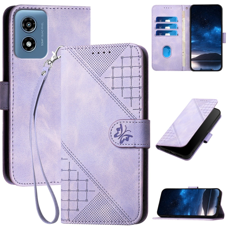 For Motorola Moto G Play 4G 2024 Grid Butterfly Embossed Pattern Leather Phone Case with Lanyard(Light Purple) - free shipping - PMC Jewellery - Order now!