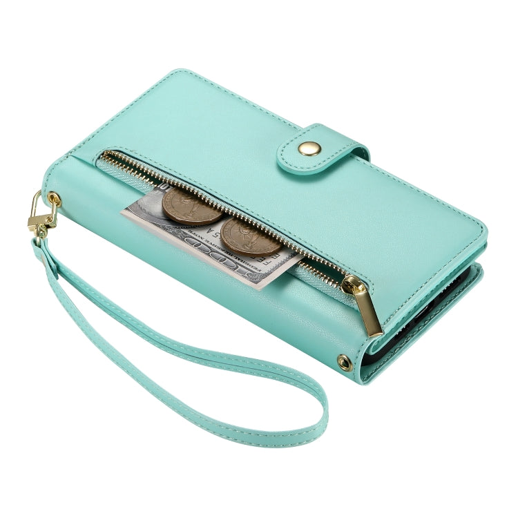 For iPhone 16 Nine Card-slot Zipper Wallet Bag Leather Phone Case(Mint Green) - iPhone 16 Cases by PMC TechLife | Online Shopping South Africa | PMC TechLife | Buy Now Pay Later Mobicred