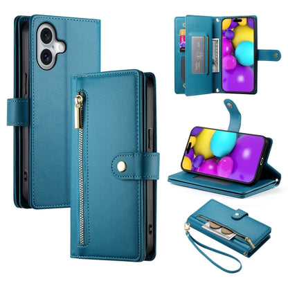 For iPhone 16 Plus Nine Card-slot Zipper Wallet Bag Leather Phone Case(Blue) - iPhone 16 Plus Cases by PMC Jewellery | Online Shopping South Africa | PMC Jewellery | Buy Now Pay Later Mobicred