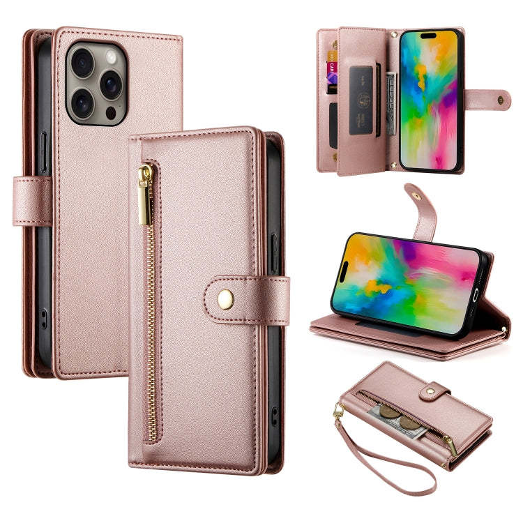 For iPhone 16 Pro Nine Card-slot Zipper Wallet Bag Leather Phone Case(Pink) - iPhone 16 Pro Cases by PMC Jewellery | Online Shopping South Africa | PMC Jewellery | Buy Now Pay Later Mobicred