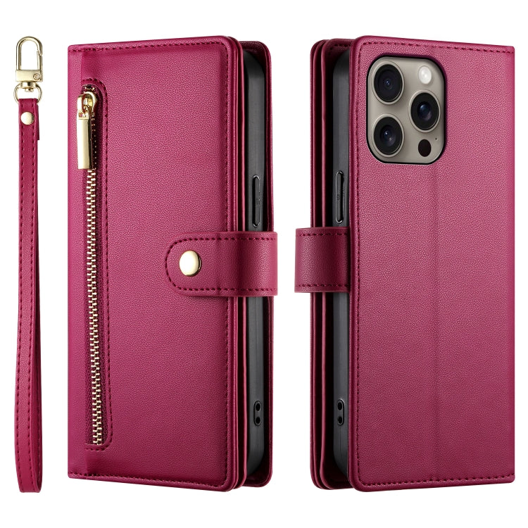 For iPhone 16 Pro Max Nine Card-slot Zipper Wallet Bag Leather Phone Case(Red) - iPhone 16 Pro Max Cases by PMC Jewellery | Online Shopping South Africa | PMC Jewellery | Buy Now Pay Later Mobicred