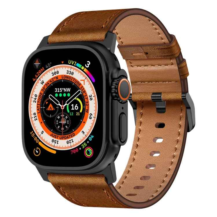 For Apple Watch Ultra 49mm Wilderness Top-grain Leather Watch Band(Black Connector Red Brown) - Watch Bands by PMC TechLife | Online Shopping South Africa | PMC TechLife | Buy Now Pay Later Mobicred