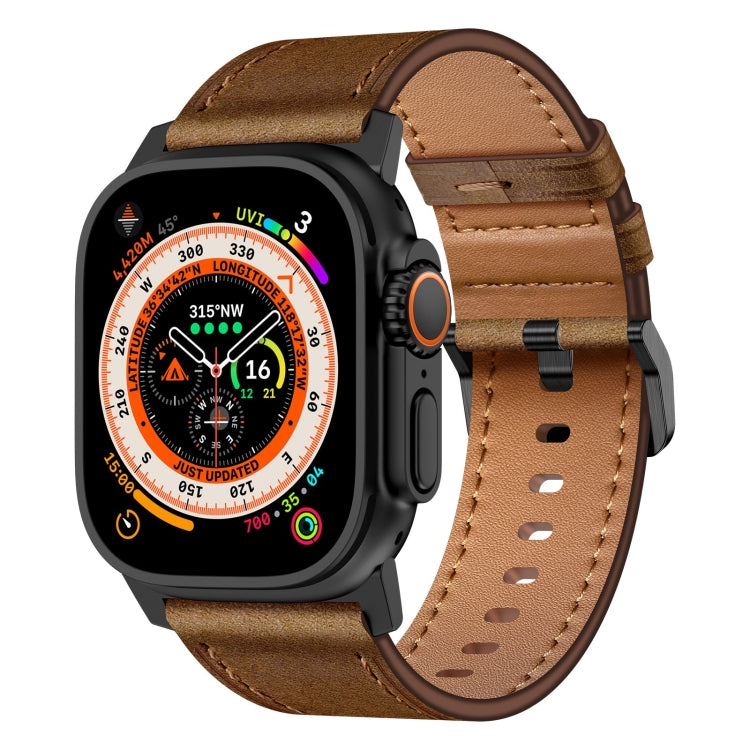 For Apple Watch Ultra 49mm Wilderness Top-grain Leather Watch Band(Black Connector Dark Brown) - Watch Bands by PMC TechLife | Online Shopping South Africa | PMC TechLife | Buy Now Pay Later Mobicred