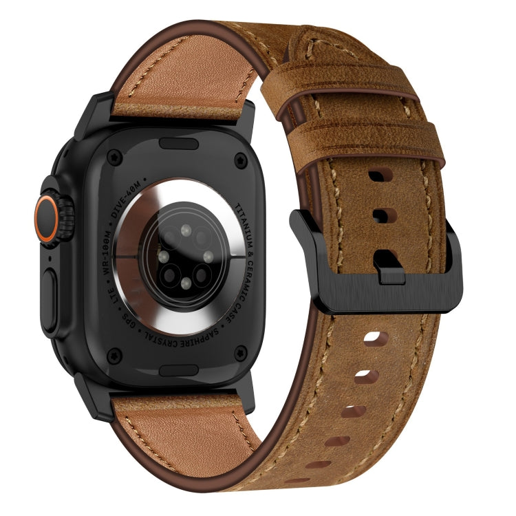For Apple Watch Ultra 49mm Wilderness Top-grain Leather Watch Band(Black Connector Dark Brown) - Watch Bands by PMC TechLife | Online Shopping South Africa | PMC TechLife | Buy Now Pay Later Mobicred