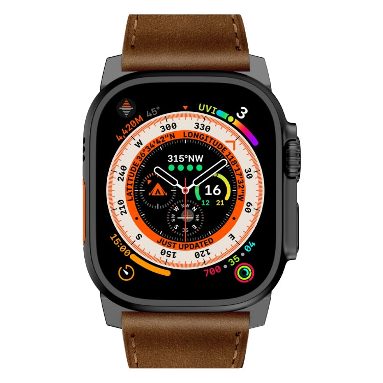 For Apple Watch Ultra 49mm Wilderness Top-grain Leather Watch Band(Black Connector Dark Brown) - Watch Bands by PMC TechLife | Online Shopping South Africa | PMC TechLife | Buy Now Pay Later Mobicred