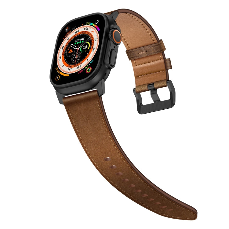 For Apple Watch Ultra 49mm Wilderness Top-grain Leather Watch Band(Black Connector Dark Brown) - Watch Bands by PMC TechLife | Online Shopping South Africa | PMC TechLife | Buy Now Pay Later Mobicred