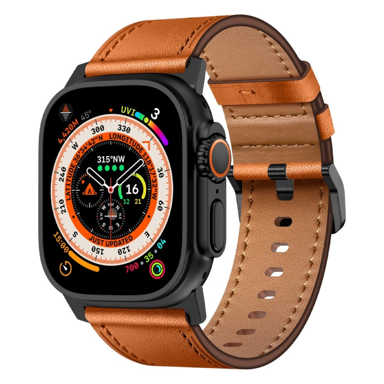 For Apple Watch Ultra 49mm Wilderness Top-grain Leather Watch Band(Black Connector Brown) - Watch Bands by PMC TechLife | Online Shopping South Africa | PMC TechLife | Buy Now Pay Later Mobicred