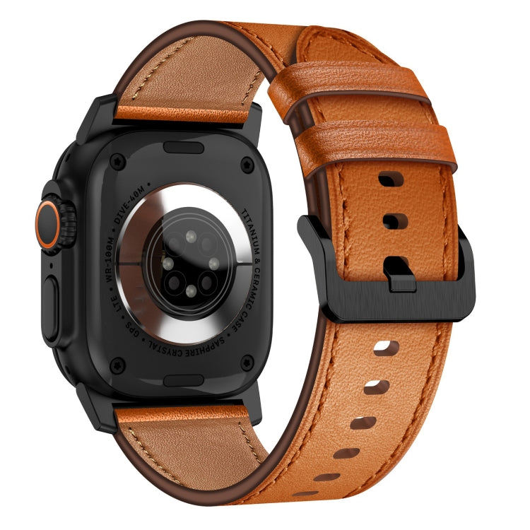 For Apple Watch Ultra 49mm Wilderness Top-grain Leather Watch Band(Black Connector Brown) - Watch Bands by PMC TechLife | Online Shopping South Africa | PMC TechLife | Buy Now Pay Later Mobicred