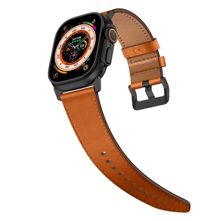 For Apple Watch Ultra 49mm Wilderness Top-grain Leather Watch Band(Black Connector Brown) - Watch Bands by PMC TechLife | Online Shopping South Africa | PMC TechLife | Buy Now Pay Later Mobicred