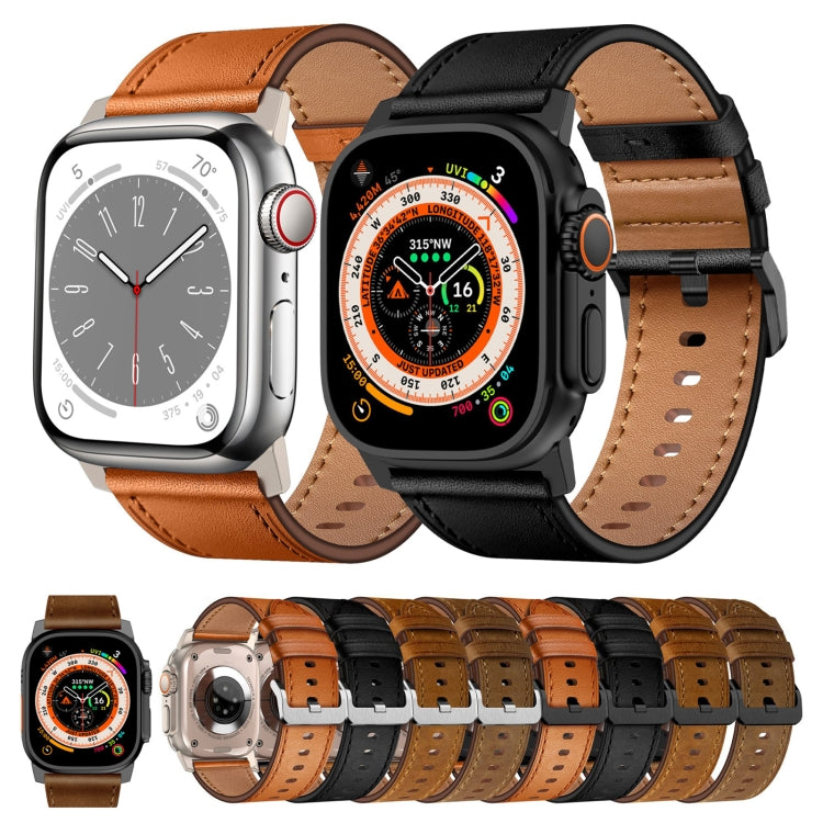For Apple Watch Ultra 49mm Wilderness Top-grain Leather Watch Band(Black Connector Dark Brown) - Watch Bands by PMC TechLife | Online Shopping South Africa | PMC TechLife | Buy Now Pay Later Mobicred