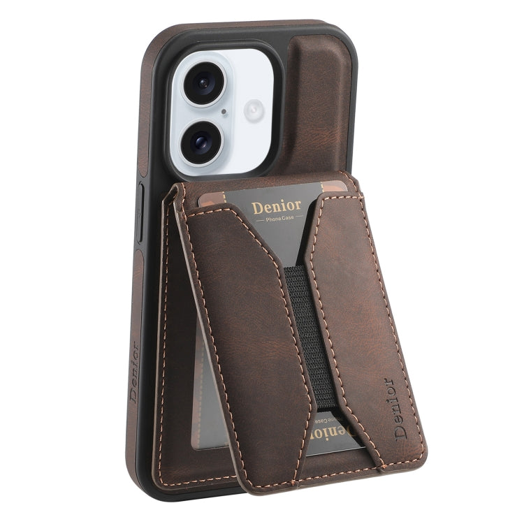 For iPhone 16 Denior D18 Skin Feel Rotating Holder MagSafe Detachable Card Slot Phone Case(Brown) - iPhone 16 Cases by Denior | Online Shopping South Africa | PMC Jewellery | Buy Now Pay Later Mobicred