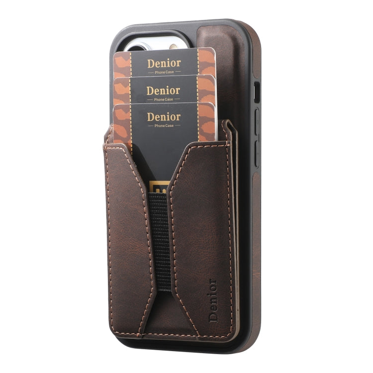 For iPhone 16 Denior D18 Skin Feel Rotating Holder MagSafe Detachable Card Slot Phone Case(Brown) - iPhone 16 Cases by Denior | Online Shopping South Africa | PMC TechLife | Buy Now Pay Later Mobicred