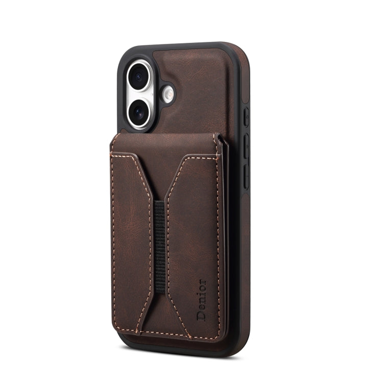 For iPhone 16 Plus Denior D18 Skin Feel Rotating Holder MagSafe Detachable Card Slot Phone Case(Brown) - free shipping - PMC TechLife - Order now!
