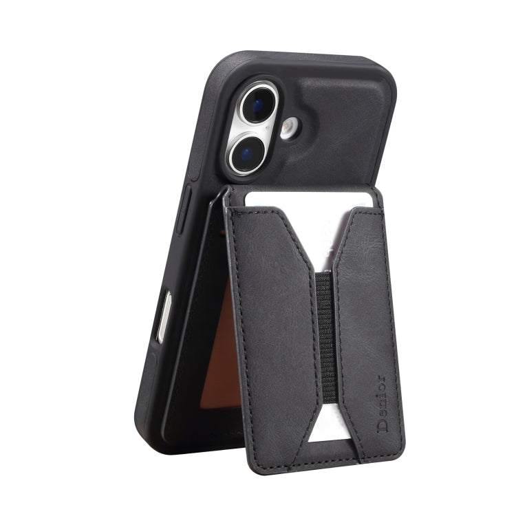 For iPhone 16 Plus Denior D18 Skin Feel Rotating Holder MagSafe Detachable Card Slot Phone Case(Black) - free shipping - PMC TechLife - Order now!