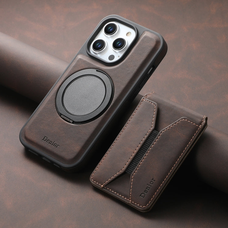 For iPhone 16 Pro Denior D18 Skin Feel Rotating Holder MagSafe Detachable Card Slot Phone Case(Brown) - iPhone 16 Pro Cases by Denior | Online Shopping South Africa | PMC TechLife | Buy Now Pay Later Mobicred