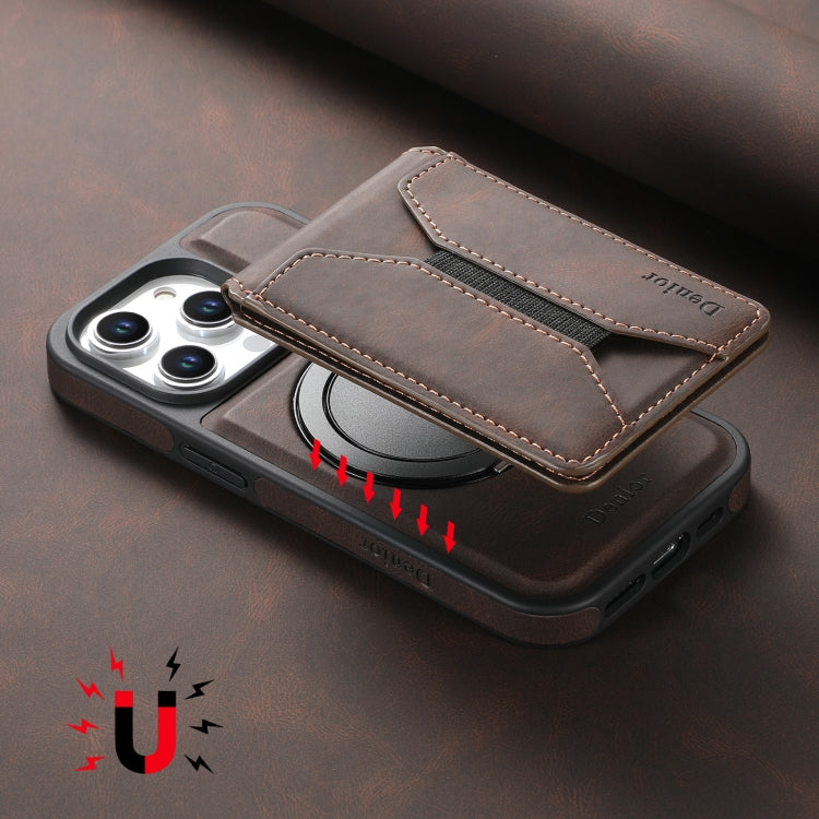 For iPhone 16 Pro Max Denior D18 Skin Feel Rotating Holder MagSafe Detachable Card Slot Phone Case(Brown) - iPhone 16 Pro Max Cases by Denior | Online Shopping South Africa | PMC TechLife | Buy Now Pay Later Mobicred