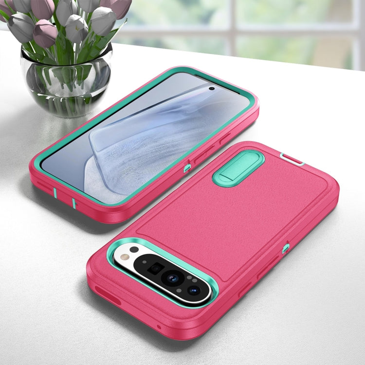 For Google Pixel 9 Pro Rugged PC + Silicone Phone Case with Holder(Rose Red+Light Green) - Google Cases by PMC TechLife | Online Shopping South Africa | PMC TechLife | Buy Now Pay Later Mobicred
