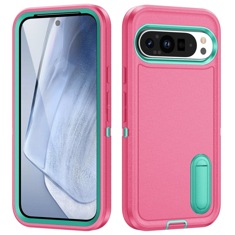 For Google Pixel 9 Rugged PC + Silicone Phone Case with Holder(Rose Red+Light Green) - Google Cases by PMC Jewellery | Online Shopping South Africa | PMC Jewellery | Buy Now Pay Later Mobicred