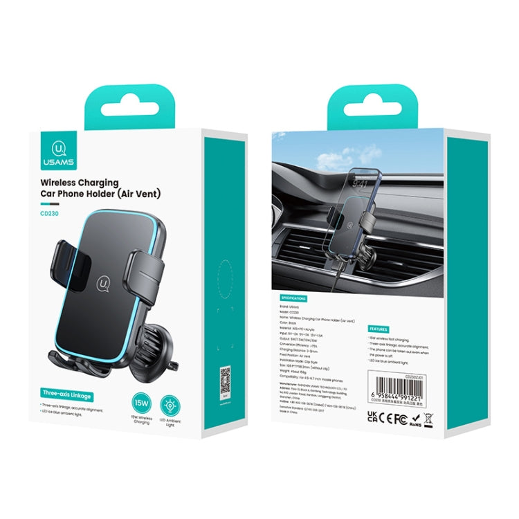 USAMS CD230 15W Accurate Aligment Wireless Charging Car Phone Holder with Suction Cup(Black) - Wireless Charger Holders by USAMS | Online Shopping South Africa | PMC Jewellery | Buy Now Pay Later Mobicred