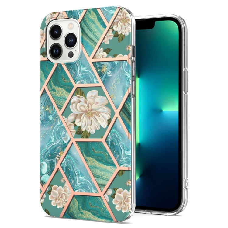 For iPhone 16 Pro Max Splicing Marble Flower IMD TPU Phone Case(Blue Flower) - iPhone 16 Pro Max Cases by PMC Jewellery | Online Shopping South Africa | PMC Jewellery | Buy Now Pay Later Mobicred