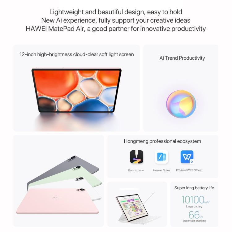 HUAWEI MatePad Air 12 inch WiFi Tablet PC, 8GB+256GB, HarmonyOS 4.2 Hisilicon Kirin 9000W, Not Support Google Play(White) - free shipping - PMc TechLife - Order now!