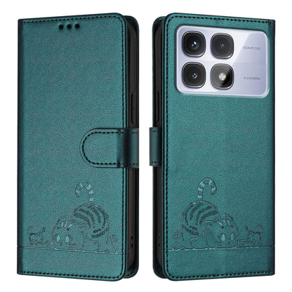 For Redmi K70 Ultra 5G Global Cat Rat Embossed Pattern RFID Leather Phone Case with Lanyard(Peacock Green) - Xiaomi Cases by PMC Jewellery | Online Shopping South Africa | PMC Jewellery | Buy Now Pay Later Mobicred