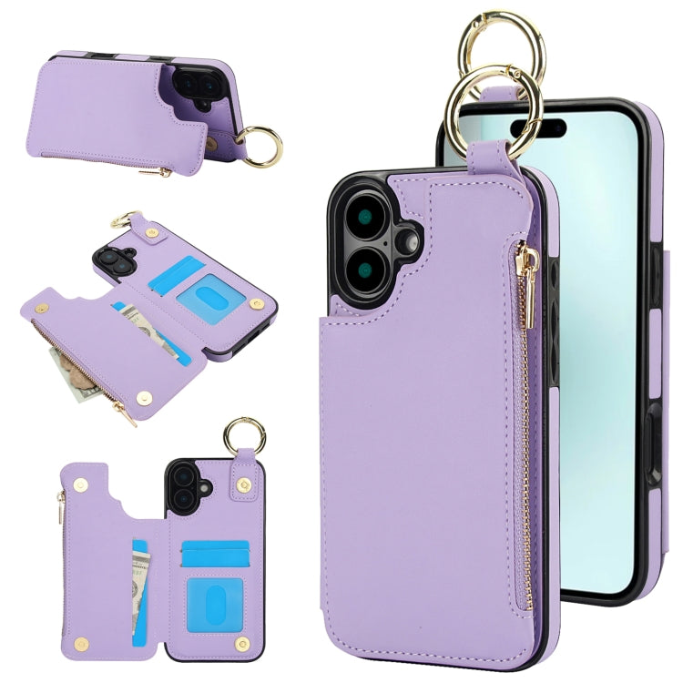 For iPhone 16 RFlD Anti-theft Double Buckle Ring Zipper Card Phone Case(Purple) - iPhone 16 Cases by PMC Jewellery | Online Shopping South Africa | PMC Jewellery | Buy Now Pay Later Mobicred