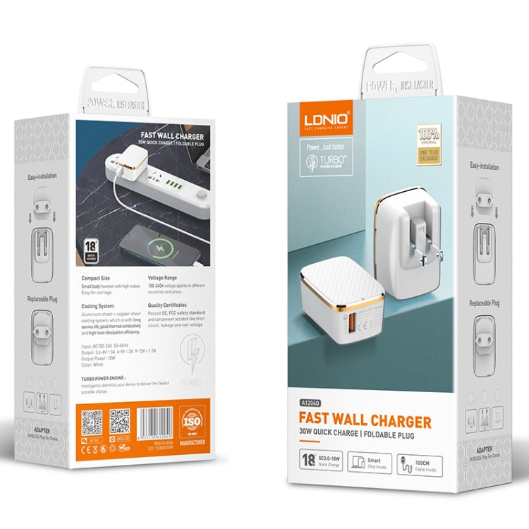 LDNIO A1204Q QC3.0 18W USB Fast Charger with 1m USB to 8 Pin Cable, Plug Type:US Plug(White Gold) - USB Charger by LDNIO | Online Shopping South Africa | PMC Jewellery | Buy Now Pay Later Mobicred