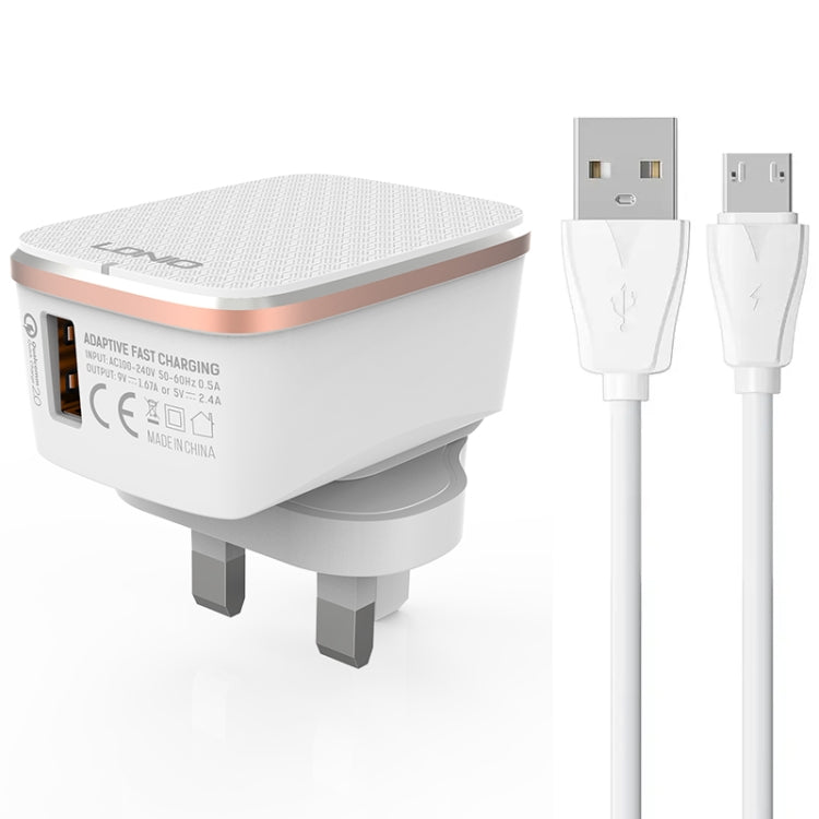 LDNIO A1204Q QC3.0 18W USB Fast Charger with 1m USB to Micro USB Cable, Plug Type:UK Plug(White Gold) - free shipping - PMC TechLife - Order now!